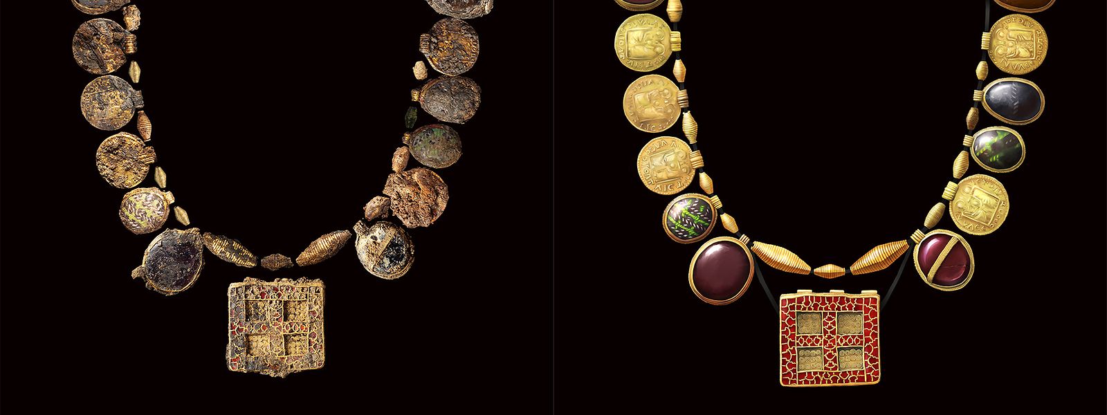 Dieses vom Museum of London Archaeology (MOLA) herausgegebenes Handout-Foto zeigt eine 1.300 Jahre alte Halskette und eine Rekonstruktion (r).