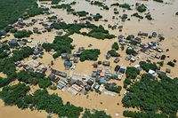 TOPSHOT - This aerial photo taken on June 23, 2022 shows a flooded area after heavy rains in Yingde, Qingyuan city, in China's southern Guangdong province. (Photo by AFP) / China OUT