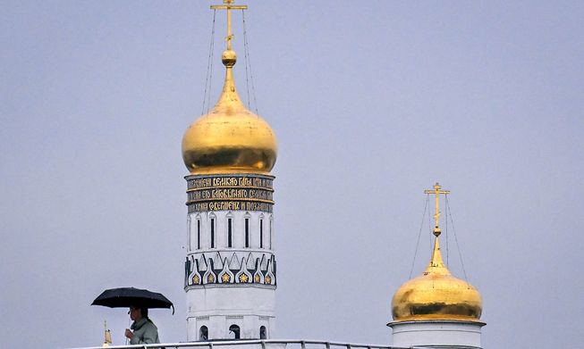 A pedestrian at the Zaryadye park near Kremlin cathedrals in Moscow this week