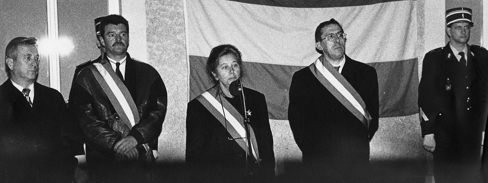 Rat Jos Huberty, Schöffe Emile Elsen, Bürgermeisterin Mady Schaffner, Schöffe Gérard Wohl (v.l.n.r.) im Jahr 1994.