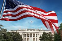 American Flag in front of The White House in Washington D.C. Background out of focus. Photomontage. SEE MY OTHER PHOTOS & VIDEOS from USA: 