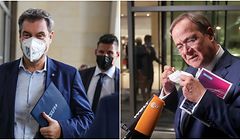 Markus Söder mit Maske vor der Sitzung, Armin Laschet ohne danach. 