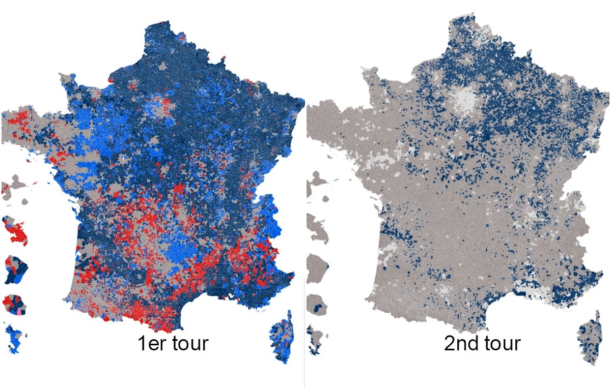 En bleu foncé, le vote Le Pen, en gris clair, le vote Macron