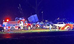 This image obtained from the Mississippi Highway Patrol, Troop D, shows emergency personnel on Highway 49 near Silver City, Mississippi, after a tornado touched down in the area March 25, 2023. - At least 23 people died as violent storms and at least one tornado ripped through the southern US state of Mississippi, tearing off roofs and flattening neighborhoods, officials and residents said Saturday. The state's emergency management agency said at least four people were missing and dozens were injured, while tens of thousands of people in Mississippi, Alabama and Tennessee were without power. (Photo by Handout / Mississippi Highway Patrol / AFP) / RESTRICTED TO EDITORIAL USE - MANDATORY CREDIT "AFP PHOTO / Mississippi Highway Patrol" - NO MARKETING NO ADVERTISING CAMPAIGNS - DISTRIBUTED AS A SERVICE TO CLIENTS