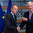 European Council President Donald Tusk (L) greets EU chief Brexit negotiator Michel Barnier before their meeting at the European Council building in Brussels on September 13, 2018. (Photo by Francisco Seco / POOL / AFP)