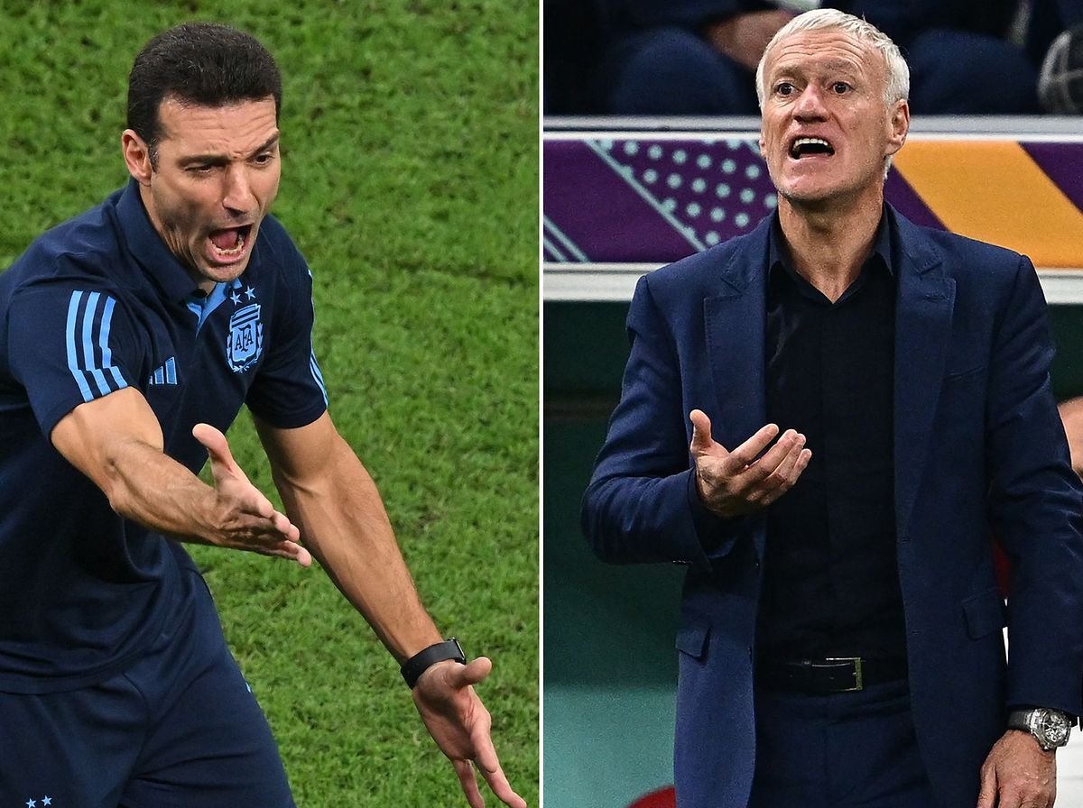 Lionel Scaloni und Didier Deschamps (r.) liefern sich ein Duell an der Seitenlinie.