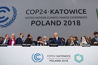 Die Teilnehmer des Klimagipfels freuen sich mit Michal Kurtyka, (M), Präsident des UN-Klimagipfels COP24, über den Beschluss, die Erderwärmung auf deutlich unter zwei Grad zu begrenzen.