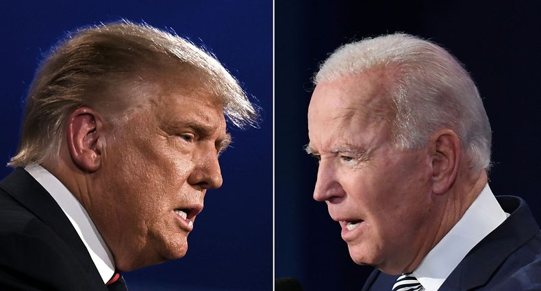 (COMBO) This combination of file pictures created on September 29, 2020 shows US President Donald Trump (L) and Democratic Presidential candidate former Vice President Joe Biden squaring off during the first presidential debate at the Case Western Reserve University and Cleveland Clinic in Cleveland, Ohio. - Trump, who is still being treated for Covid-19, said on October 8, 2020, he will refuse to take part in the presidential debate on October 15 after it was switched to a virtual format. "I'm not going to do a virtual debate," he told Fox Business News, saying this was "not acceptable to us." (Photos by JIM WATSON and SAUL LOEB / AFP)