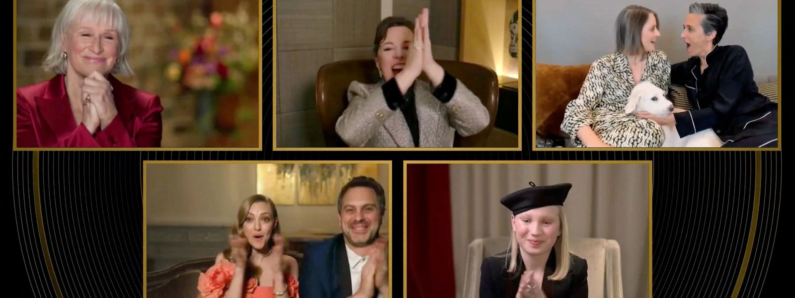 Bei der Bekanntgabe der Gewinnerin für die beste weibliche Nebenrolle. Den Golden Globe bekam Jodie Foster (oben rechts) für ihre Nebenrolle in dem Polit-Thriller „The Mauritanian“.