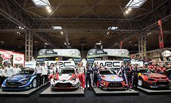 World Rally Championship drivers, co-drivers and team principals stand with their cars at the launch of the 2019 FIA World Rally Championship (WRC) at the Autosport International show held in the NEC convention centre in Birmingham, central England on January 12, 2019. (Photo by OLI SCARFF / AFP)