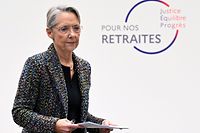 France's Prime Minister Elisabeth Borne walks off the stage after presenting the government's plan for a pension reform during a press conference in Paris on January 10, 2023. - The French government announced proposals for raising the retirement age and overhauling the pension system on January 10, in a potentially explosive reform fraught with danger for the president. (Photo by Bertrand GUAY / POOL / AFP)