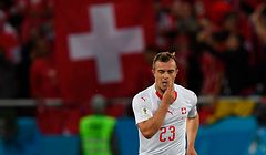 Switzerland's forward Xherdan Shaqiri celebrates scoring during their Russia 2018 World Cup Group E football match between Serbia and Switzerland at the Kaliningrad Stadium in Kaliningrad on June 22, 2018. / AFP PHOTO / Attila KISBENEDEK / RESTRICTED TO EDITORIAL USE - NO MOBILE PUSH ALERTS/DOWNLOADS