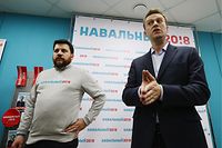 KAZAN, RUSSIA - MARCH 5, 2017: Opposition activist and presidential hopeful Alexei Navalny (R) at a press conference in which he announced the opening of his presidential election campaign office in the city of Kazan. In December 2016, Navalny announced his plans to take part in Russia's 2018 presidential election. Left: the head of Alexei Navalny's Kazan presidential election campaign office, Leonid Volkov. Yegor Aleyev/TASS (Photo by Yegor Aleyev\TASS via Getty Images)