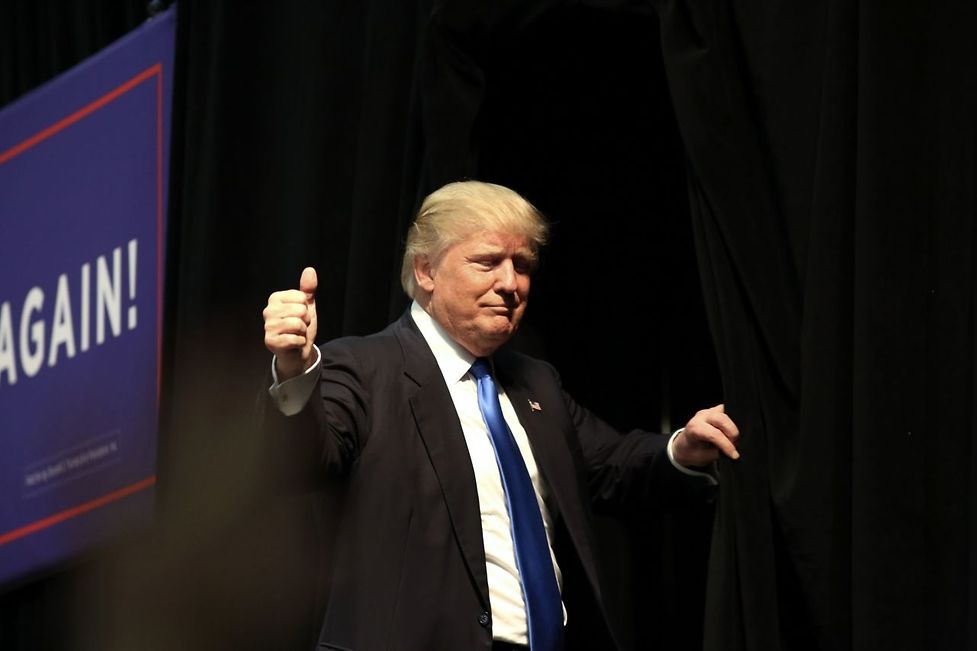 Republican presidential nominee Donald Trump gestures after speaking at a campaign rally inside the Cabarrus Arena 7 Events Center in Concord, North Carolina