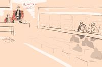 This court-sketch made on December 7, 2022 shows the public prosecutor and the box with the accused at a session of the trial of the attacks of March 22, 2016 at the Brussels-Capital Assizes Court in Brussels. - A box : Salah Abdeslam and four of his co-defendants left the courtroom on a strike to protest against their "unworthy" extraction conditions during the third day of the trial of the Brussels attacks which killed 32 people on March 22, 2016. (Photo by JANNE VAN WOENSEL KOOY / BELGA / AFP) / Belgium OUT