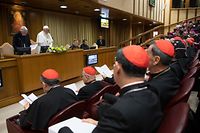 CORRECTION - This photo taken and handout on February 21, 2019 by the Vatican Media shows Pope Francis (L), Cardinals (Front) and Bishops (Rear) attending the opening of a global child protection summit for reflections on the sex abuse crisis within the Catholic Church, on February 21, 2019 at the Vatican. - Pope Francis has set aside three and a half days to convince Catholic bishops to tackle paedophilia in a bid to contain a scandal which hit an already beleaguered Church again in 2018, from Chile to Germany and the United States. (Photo by Handout / VATICAN MEDIA / AFP) / RESTRICTED TO EDITORIAL USE - MANDATORY CREDIT "AFP PHOTO / VATICAN MEDIA" - NO MARKETING NO ADVERTISING CAMPAIGNS - DISTRIBUTED AS A SERVICE TO CLIENTS --- / �The erroneous byline Vincenzo PINTO appearing in the metadata of this photo by the Vatican Media has been modified in AFP systems in the following manner: Vatican Media instead of Vincenzo PINTO. Please immediately remove the erroneous mention from all your online services and delete it from your servers. If you have been authorized by AFP to distribute it (them) to third parties, please ensure that the same actions are carried out by them. Failure to promptly comply with these instructions will entail liability on your part for any continued or post notification usage. Therefore we thank you very much for all your attention and prompt action. We are sorry for the inconvenience this notification may cause and remain at your disposal for any further information you may require.�