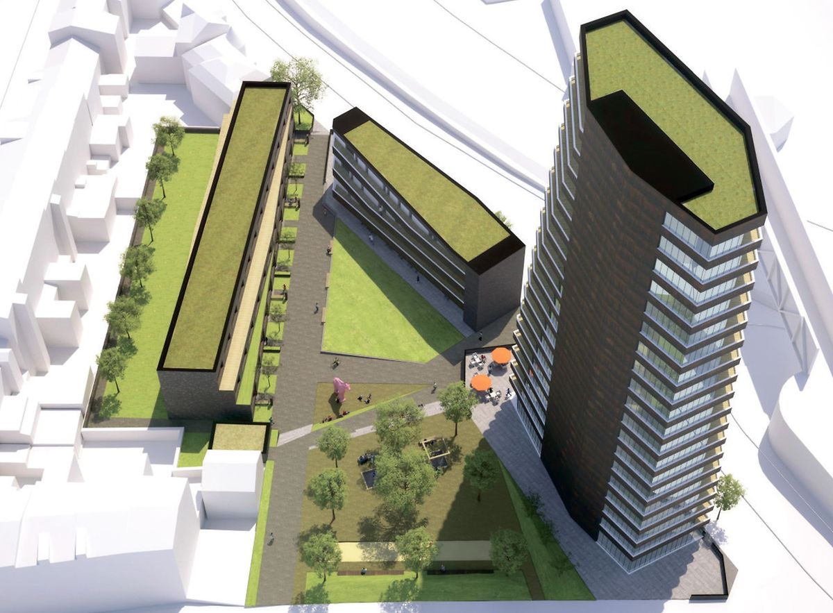 Hätte sich das erste  Projekt  durchgesetzt, wäre entlang des Boulevard Prince Henri ein 60 Meter  hoher Turm entstanden. Zum Vergleich: Die „Maison du savoir“ in Belval ist etwa 80 Meter hoch.