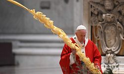 Pope Francis gathers his thoughts while holding a palm branch as he celebrates Palm Sunday mass behind closed doors at St. Peter's Basilica on April 5, 2020 in The Vatican, during the lockdown aimed at curbing the spread of the COVID-19 infection, caused by the novel coronavirus. (Photo by Alberto PIZZOLI / POOL / AFP)