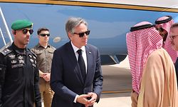 US Secretary of State Antony Blinken is welcomed by a Saudi official upon his arrival at the King Khalid International Airport in Riyadh, on June 7, 2023. The three-day visit to Saudi Arabia is Blinken's first since the kingdom restored diplomatic ties with Iran, which the West considers a pariah over its contested nuclear activities and involvement in regional conflicts. (Photo by AHMED YOSRI / POOL / AFP)