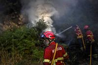 Firefighters work to extinguish a fire at Eiriz in Baiao, north of Portugal, on July 15, 2022. (Photo by PATRICIA DE MELO MOREIRA / AFP)