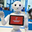robot "pepper" Manufacturer SoftBank Robotics to exhibit at Konica Minolta stand at Hannover Messe, displaying Messe logo