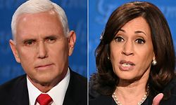 (COMBO) This combination of pictures created on October 07, 2020 shows US Vice President Mike Pence and US Democratic vice presidential nominee and Senator from California Kamala Harris during the vice presidential debate in Kingsbury Hall at the University of Utah on October 7, 2020, in Salt Lake City, Utah. (Photos by Eric BARADAT and Robyn Beck / AFP)