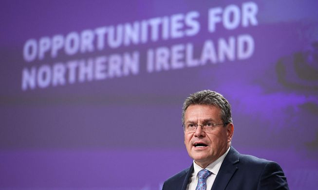 Marcos Šefčovič speaking at a press conference about the Northern Ireland Protocol at the European Commission headquarters in Brussels on Wednesday