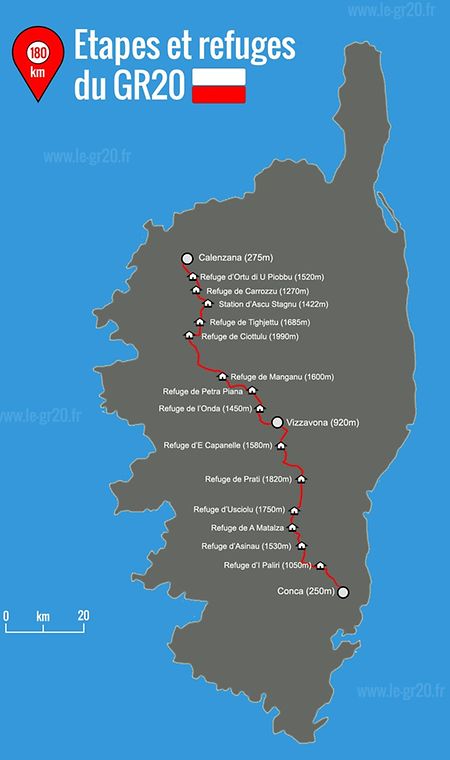 Le parcours de Grande Randonnée (GR) numéro 20 s'étend sur 180 kilomètres et sillonne les hauteurs corses, du nord au sud. 