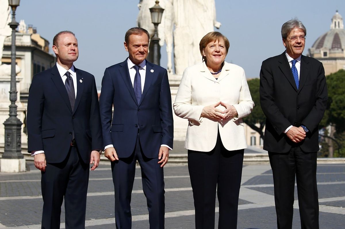 Maltas Premier Muscat, Donald Tusk, Angela Merkel und Italiens Premier Gentiloni vor dem "Campidoglio" in Rom.