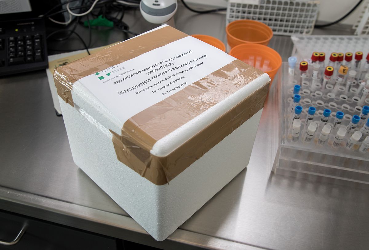 Les échantillons arrivent au laboratoire national de santé dans une boîte en plastique et se trouvent dans un triple emballage. 