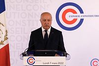 In this grab taken from video released by France's Conseil Constiutionnel on March 7, 2022, former French Prime Minister Laurent Fabius announces candidates ahead of the forthcoming French presidential election in Paris on March 7, 2022. - The Constitutional Council validated on March 7, 2022, 12 candidacies for the first round of the presidential elections in April, as in 2017, including that of the NPA Philippe Poutou, on which there was still uncertainty, announced its president Laurent Fabius in a statement broadcast by video (Photo by Conseil Constiutionnel / AFP) / RESTRICTED TO EDITORIAL USE - MANDATORY CREDIT "AFP PHOTO / Conseil Constiutionnel  - NO MARKETING NO ADVERTISING CAMPAIGNS - DISTRIBUTED AS A SERVICE TO CLIENTS