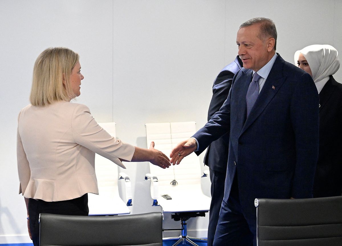 Die schwedische Premierministerin Magdalena Andersson (L) begrüßt den türkischen Präasidenten  Recep Tayyip Erdogan.