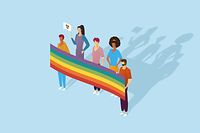 Group of people holding large rainbow banners and rainbow heart flags, LGBT parades, pride, couples, men and women, human rights and discrimination. isometric vector illustration.
