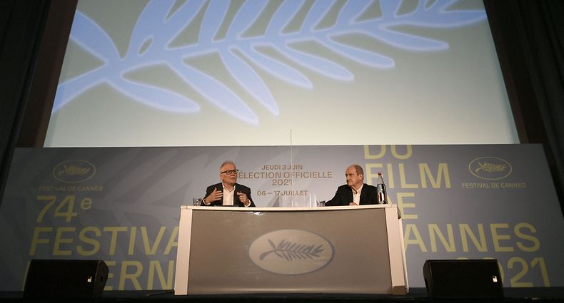 Cannes film festival general delegate Thierry Fremaux (L) and French director of the Cannes film festival Pierre Lescure attend a press conference, in Paris, on June 3, 2021, to announce the Official Selection of the 74th Cannes Film Festival to be held from July 6 until July 17, 2021. (Photo by STEPHANE DE SAKUTIN / AFP)