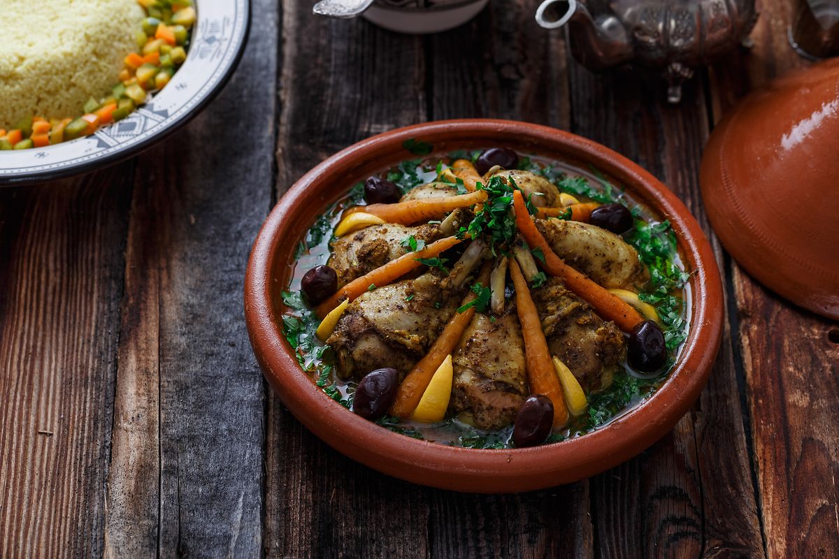 Chicken tagine cooked in a traditional Moroccan pot 