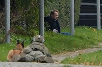 A police marksman and his dog observes convicted killer Peter Madsen threatening police with detonating a bomb while attempting to break out of jail in Albertslund, Denmark on 20 October 2020 - Madsen serves a life sentence for the 2017 murder of Swedish journalist Kim Wall on board his submarine, UC3 Nautilus. (Photo by Nils Meilvang / Ritzau Scanpix / AFP) / Denmark OUT