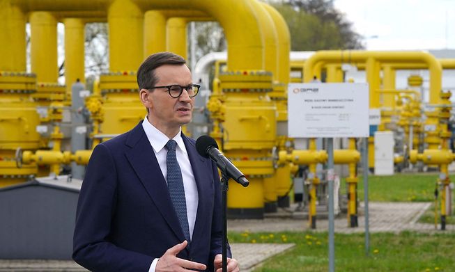 Polish Prime Minister Mateusz Morawiecki talked about Russia stopping gas deliveries outside a transmission point in Rembelszczyzna near Warsaw on Wednesday