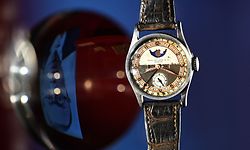 The Patek Philippe Ref 96 Quantieme Lune timepiece once owned by Aisin-Gioro Puyi, the Chinese Qing dynasty�s last emperor (L), is seen on display in Hong Kong on May 23, 2023 ahead of its auction in the territory on the same day. The most expensive watch ever sold at auction was a super-complicated Patek Philippe �Grandmaster Chime�, which sold for US$31 million in 2019. (Photo by Peter PARKS / AFP)