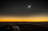TOPSHOT - Solar eclipse as seen from the La Silla European Southern Observatory (ESO) in La Higuera, Coquimbo Region, Chile, on July 02, 2019. - Tens of thousands of tourists braced Tuesday for a rare total solar eclipse that was expected to turn day into night along a large swath of Latin America's southern cone, including much of Chile and Argentina. (Photo by Martin BERNETTI / AFP)