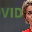 European Commission President Ursula von der Leyen speaks during a press conference following a college meeting to introduce draft legislation on a common EU Covid-19 vaccination certificate at the EU headquarters in Brussels on March 17, 2021. (Photo by JOHN THYS / POOL / AFP)