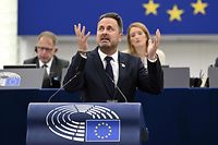 Luxembourg's Prime Minister Xavier Bettel delivers a speech  during a ceremony marking the 70th anniversary of the European Parliament during a plenary session at the European Parliament in Strasbourg, eastern France, on November 22, 2022. (Photo by FREDERICK FLORIN / AFP)