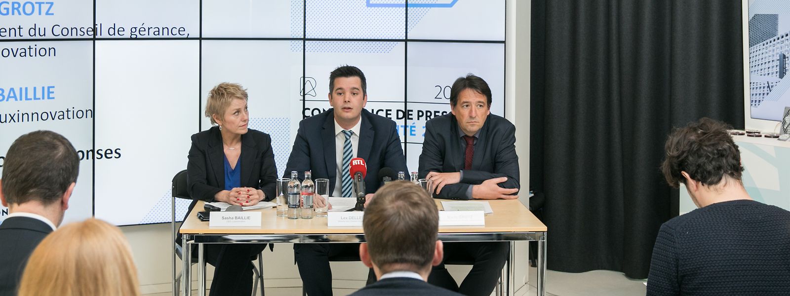 Sasha Baillie, CEO de Luxinnovation, Lex Delles, ministre des Classes moyennes, et Mario Grotz, président de Luxinnovation lors de la présentation du rapport 2018.