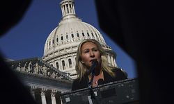 WASHINGTON, DC - FEBRUARY 5: Rep. Marjorie Taylor Greene (R-GA) speaks during a press conference outside the U.S. Capitol on February 5, 2021 in Washington, DC. The House voted 230 to 199 on Friday evening to remove Rep. Marjorie Taylor Greene (R-GA) from committee assignments over her remarks about QAnon and other conspiracy theories.   Drew Angerer/Getty Images/AFP
== FOR NEWSPAPERS, INTERNET, TELCOS & TELEVISION USE ONLY ==