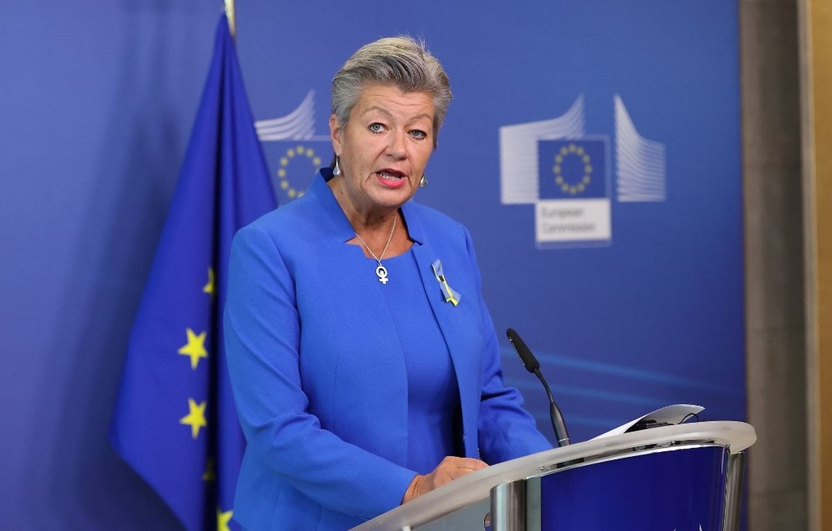 An undated photo of EU's commissioner for home affairs, Ylva Johansson, during a press conference.