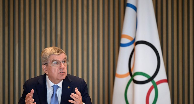 International Olympic Committee (IOC) president Thomas Bach speaks during an IOC executive board meeting where the issue of Russian athletes will be discussed, in Lausanne, on March 28, 2023. - Poland, Ukraine and the Baltic states reiterated on March 27, 2023 their call to maintain the ban on Russian and Belarusian athletes at the Olympics, saying "not a single reason" existed to lift the restrictions. (Photo by Fabrice COFFRINI / AFP)
