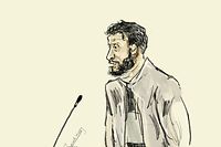 This court-sketch made on January 18, 2023, shows defendant Salah Abdeslam at a session of the trial of the attacks of March 22, 2016, at the Brussels-Capital Assizes Court, at the Justitia site in Haren, Brussels. - The trial of 10 people accused over the worst attacks in Belgium's post-war history, includes Salah Abdeslam, the so-called "10th man" of the November 2015 Paris attacks. On the morning of March 22, 2016, Islamic State suicide bombers struck Brussels airport and metro, killing 32 people and injuring hundreds in the symbolic heart of Europe. (Photo by JANNE VAN WOENSEL KOOY / BELGA / AFP) / Belgium OUT