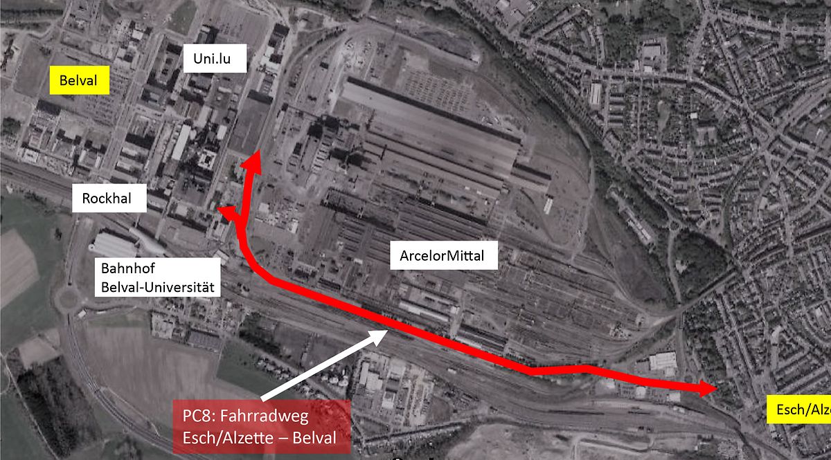 Der Fahrradweg wird eine Länge von zwei Kilometern haben. Damit er über das Gelände von Arcelor Mittal verlaufen konnte, musste der Staat lange Verhandlungen führen.