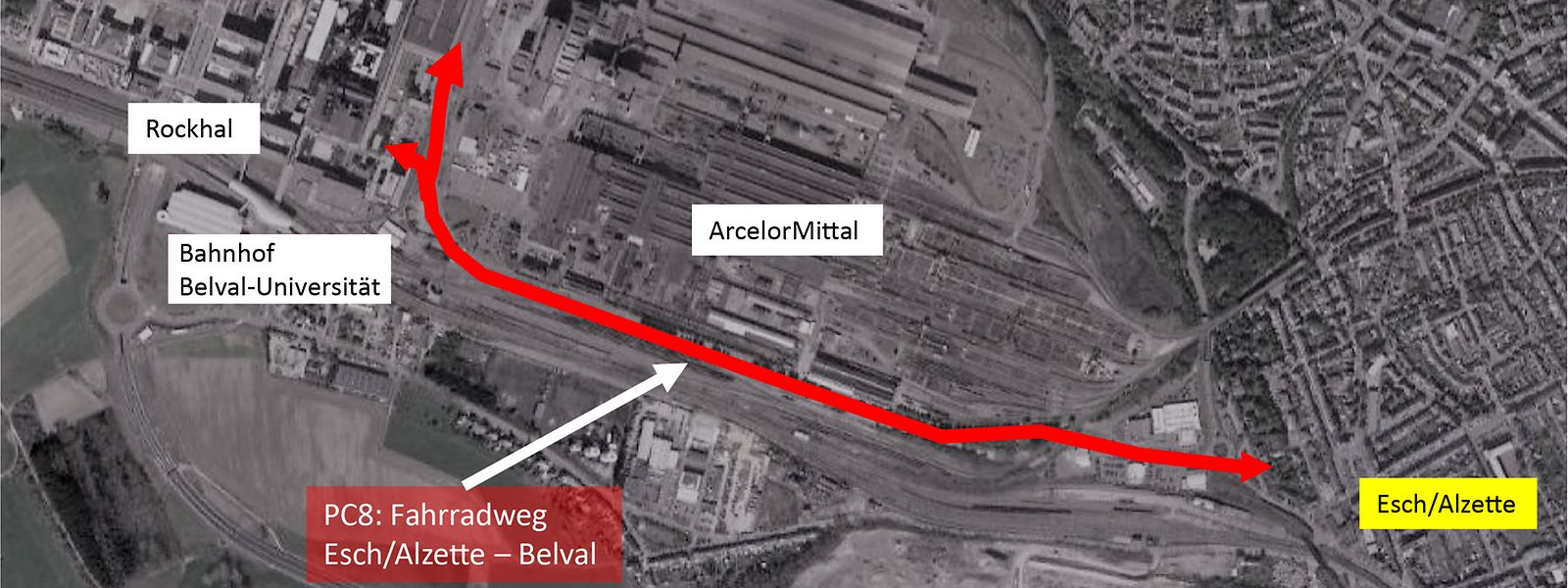 Der Fahrradweg wird eine Länge von zwei Kilometern haben. Damit er über das Gelände von Arcelor Mittal verlaufen kann, musste der Staat lange Verhandlungen führen.