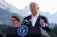 US President Joe Biden (R) addresses a press conference next to Canadian Prime Minister Justin Trudeau and other G7 and EU leaders during the G7 Summit at Elmau Castle, southern Germany, on June 26, 2022. 




 the G7 Summit at Elmau Castle, southern Germany, on June 26, 2022. (Photo by LUKAS BARTH / POOL / AFP)