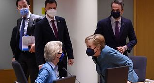 Von der Leyen and German Chancellor Angela Merkel at the Brussels summit on Monday